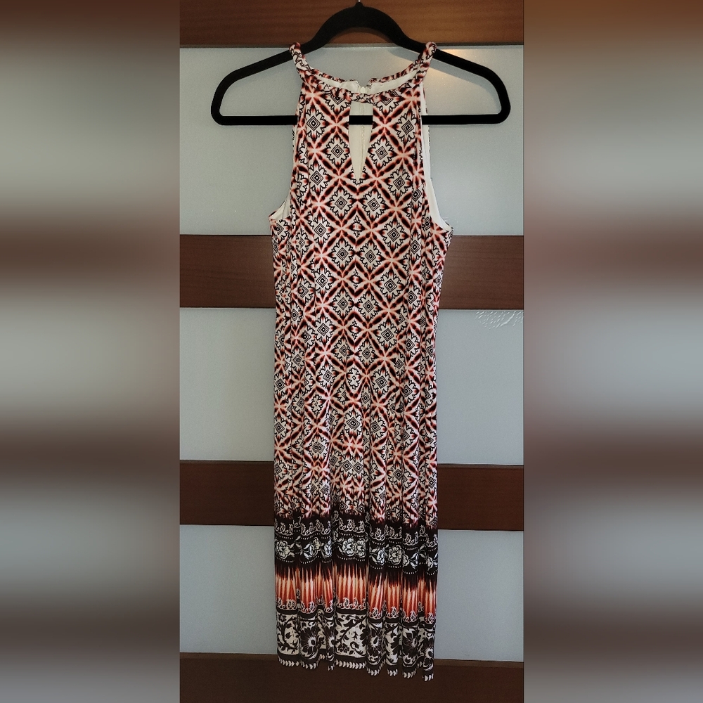 London Times Orange and Black Patterned Midi Dress